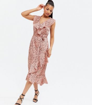 Pink Spot Ruffle Midi Wrap Dress | New Look